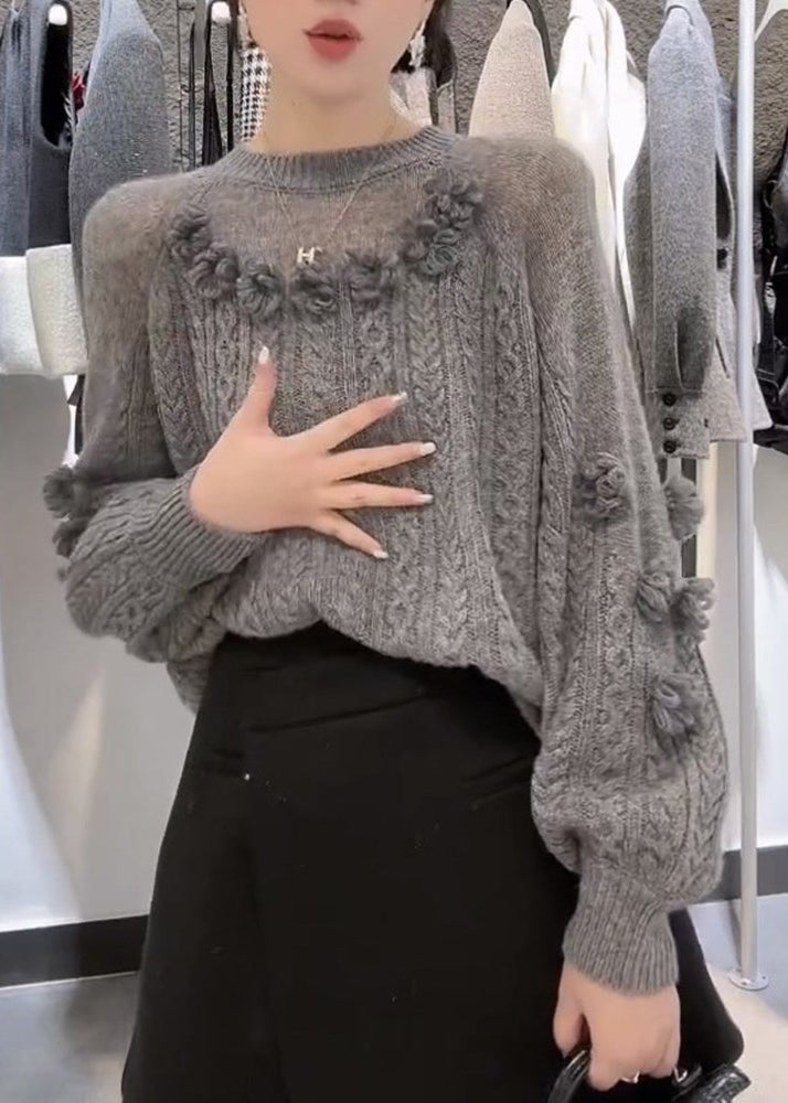 Art Grey O-neck Cable Knit Sweater Winter