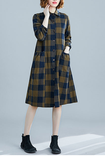 -retro Long-sleeved Shirt Cotton Linen Plaid Dress