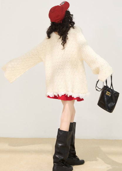 White Oversized Patchwork Knit Short Sweater Winter