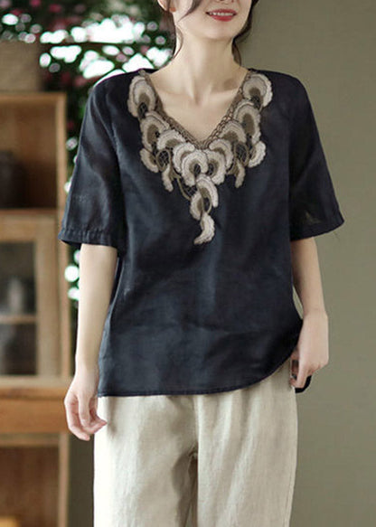 Black V Neck Embroidered Linen Shirts