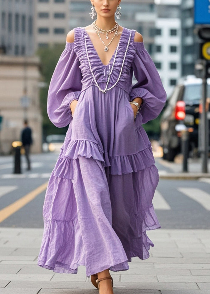 Purple Cold Shoulder Wrinkled Cotton Vacation Dresses Lantern Sleeve