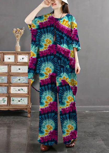 Red Print Pockets Patchwork Tops and Pants Cotton Two Pieces Set Summer