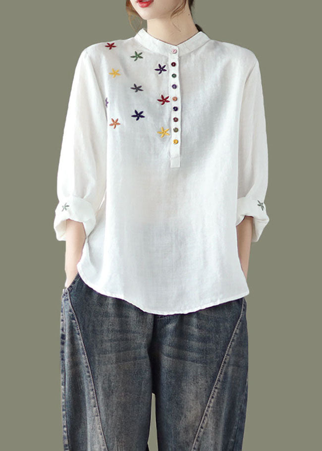 White Stand Collar Embroidered Linen Shirt Spring