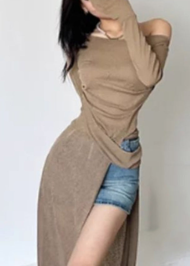 Brown One Shoulder Asymmetrical Side Open Silk Maxi Dresses Fall