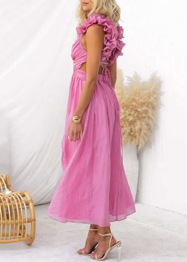Pink V Neck Lace Up Cotton Long Dress Sleeveless