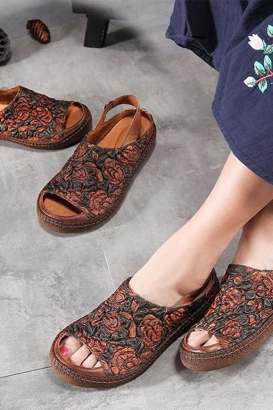 Genuine Leather Sandals Flower Elastic Band Flat Heel Sandals