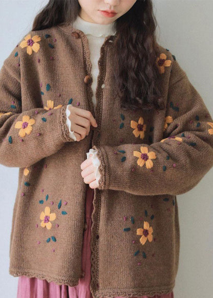 Handmade Coffee Embroideried Lace Patchwork Cotton Knit Coats Long Sleeve