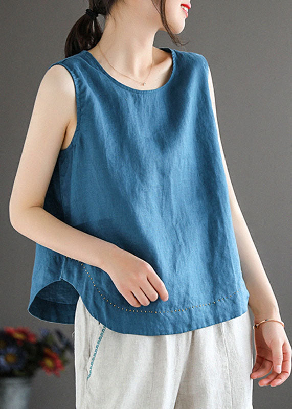 Simple Blue O-neck Embroidered Linen Beach Vest Sleeveless
