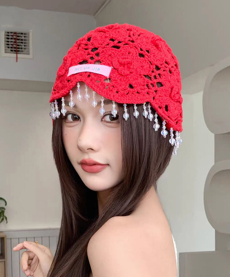 Blue Tassel Hollow Out Knit Boonie Hat