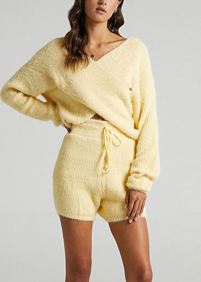 Yellow Crossover Design Elastic Waist Knit Two Pieces Set V Neck