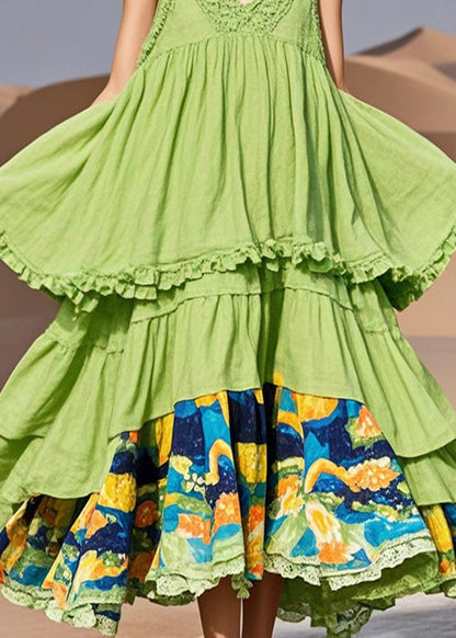 Grass Green Ruffled Patchwork Cotton Dress Summer