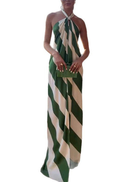 Green Backless Striped Cotton Vacation Dress Sleeveless