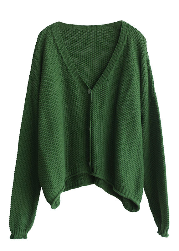 Green V Neck Button Knit Loose Cardigans Fall