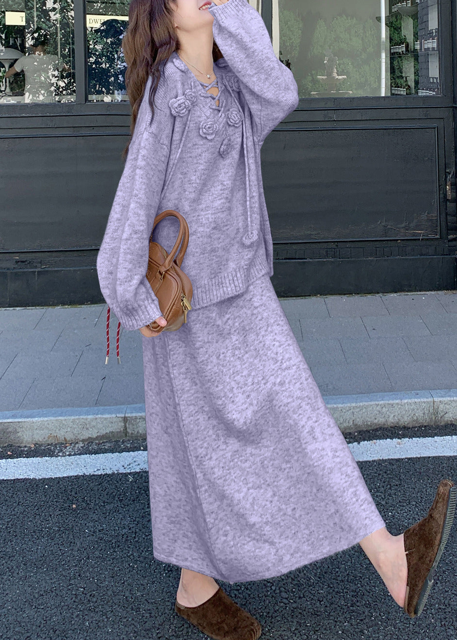 Loose Purple Sweaters and Skirts Knit Two Pieces Set Winter