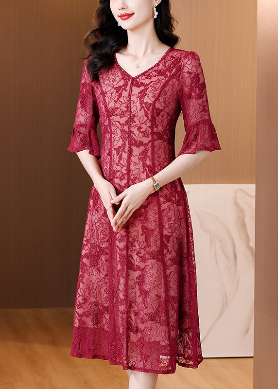 Red V Neck Embroidered Silk Dress Flare Sleeve