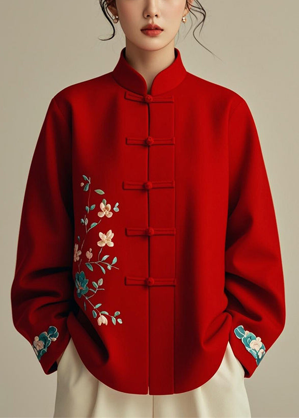 Red Stand Collar Print Cotton Coats Fall