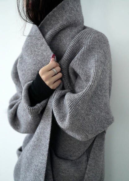 Grey Pockets Tie Waist Knit Loose Cardigans Fall Winter