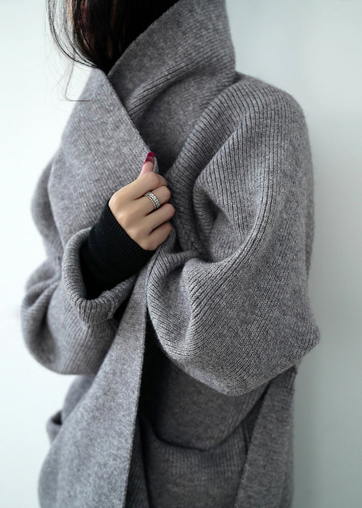 Grey Pockets Tie Waist Knit Loose Cardigans Spring