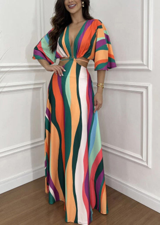 Orange V Neck Print Hollow Out Cotton Dresses Batwing Sleeve