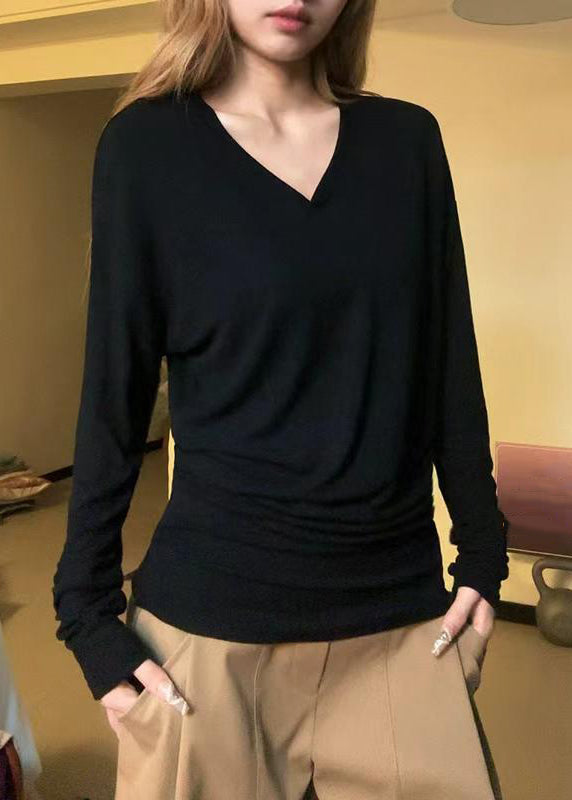 Simple Orange V Neck Cotton T Shirt Fall