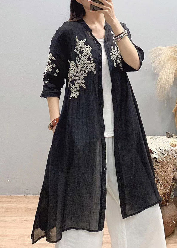 Fitted White Stand Collar Embroidered Linen Long Shirts Three Quarter Sleeve