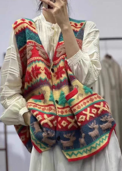 Modern Red V Neck Animal Button Cotton Knit Waistcoat Fall