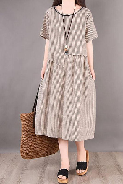 Cotton Irregular Stripes Short Sleeve Midi Dress