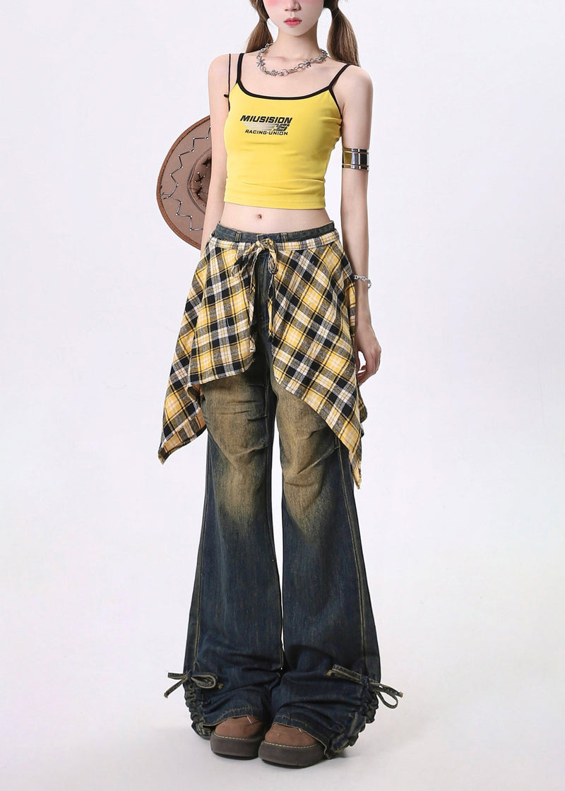 Navy Cinched Exra Large Hem Denim Flared Trousers Pants Spring