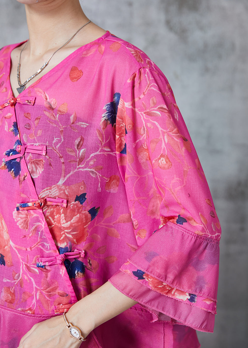 Rose Print Cotton Oriental Blouse Tops Spring