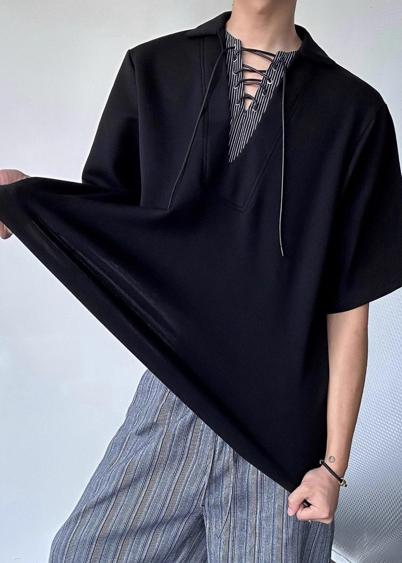 Art Black Peter Pan Collar Patchwork Cotton Shirt Summer