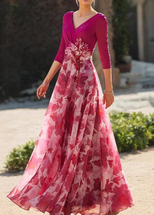 Rose V Neck Print Chiffon Long Dresses Spring