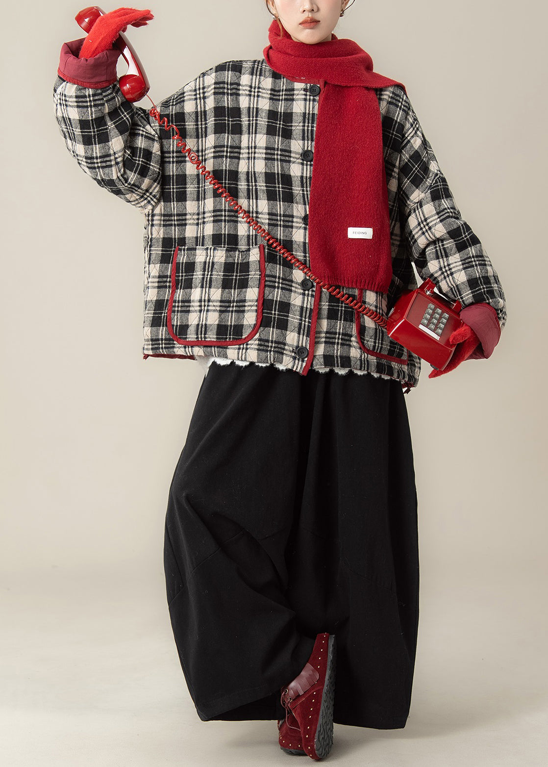 Plaid Black O Neck Pockets Coat and Pants Cotton Filled Two Pieces Set Winter