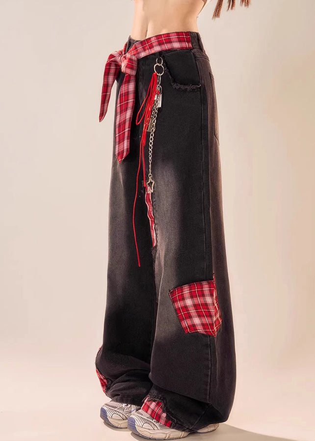 Black Bow Plaid Patchwork Denim Wide Leg Pants Summer