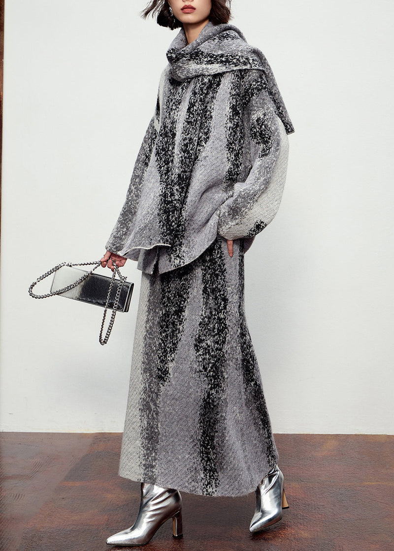 Natural Grey Button Cotton Knit Scarf,cardigans and Maxi Skirtsthree Pieces Set Winter