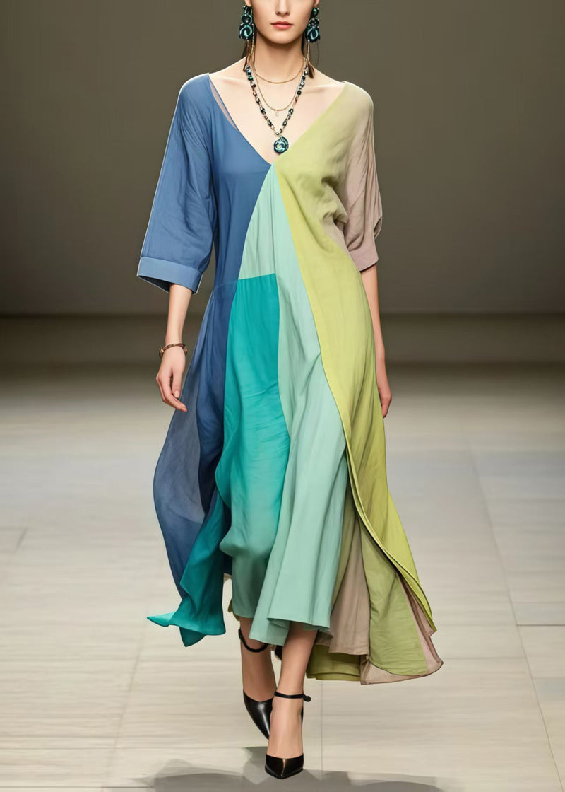Colorblock Asymmetrical Exra Large Hem Cotton Maxi Dresses Summer