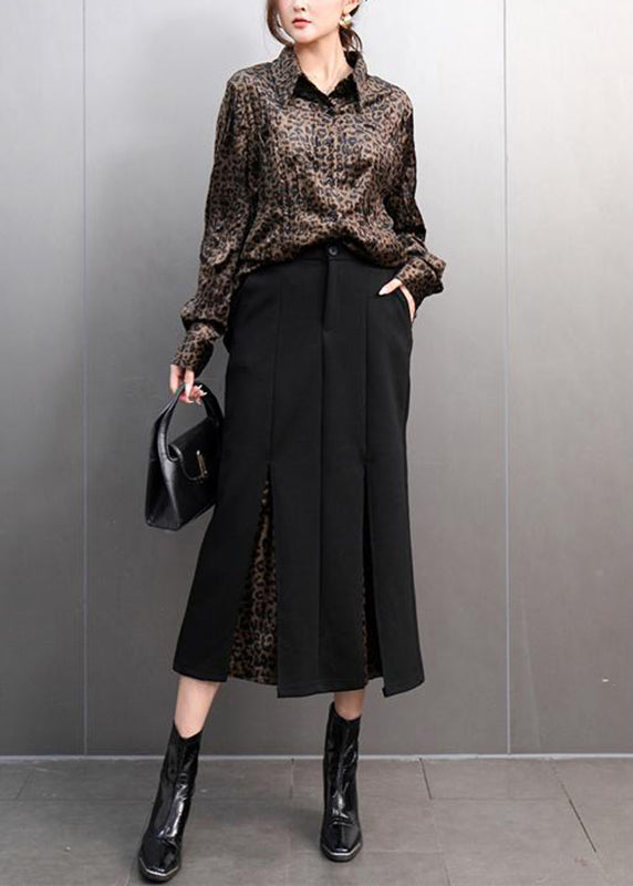 Leopard Peter Pan Collar Button Shirts and Maxi Skirts Two Pieces Set Spring