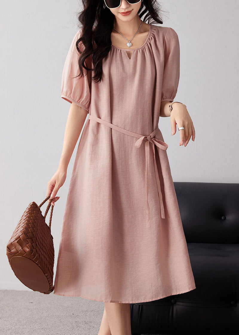 Pink O-neck Hollow Out Cotton Dresses Summer