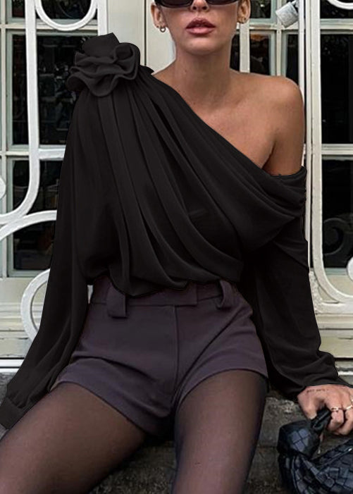 Unique Apricot Cold Shoulder Wrinkled Chiffon Tops Spring