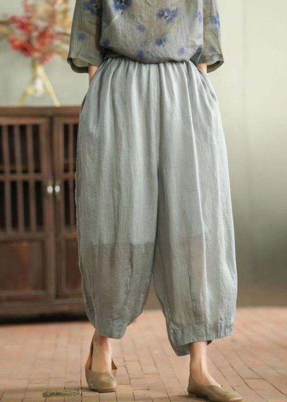 Grey Patchwork Linen Tops and Pants Two Pieces Set O Neck Summer