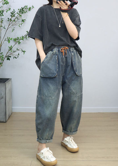 Blue Oversized Big Pockets Denim Harem Pants Spring