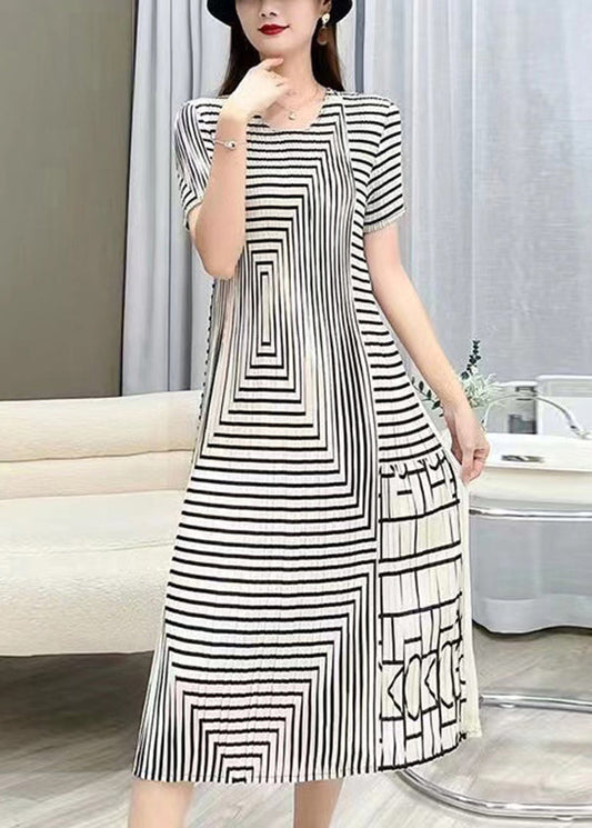 White O Neck Striped Wrinkled Silk Dresses Summer