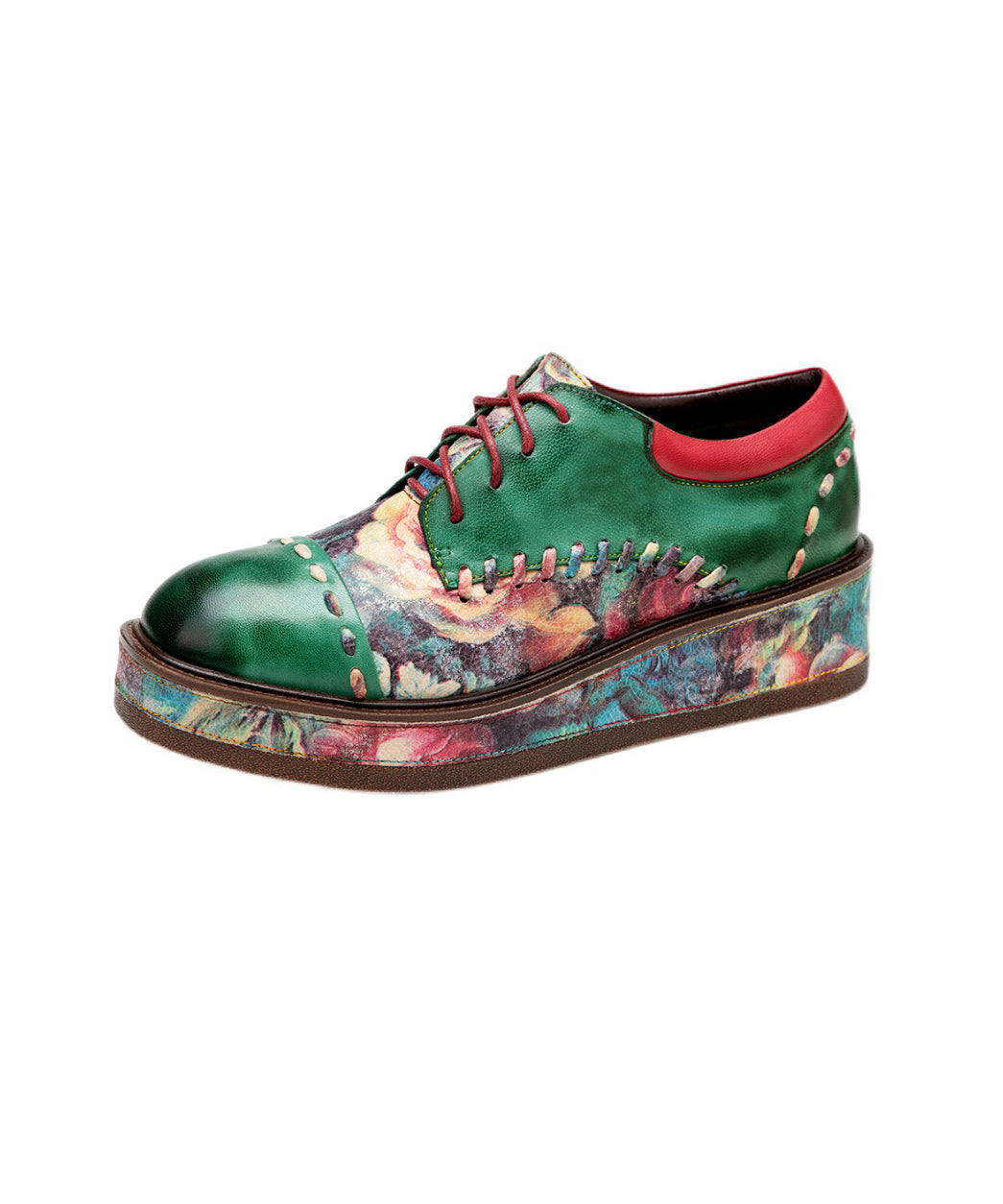 Green Sheepskin Lace Up Embossed Platform Shoes
