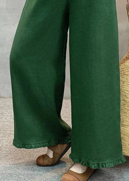 Green Ruffled Linen Wide Leg Pants Summer