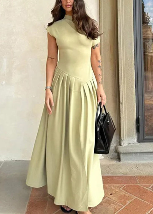 Simple Green Wrinkled Side Open Cotton Long Dress Summer