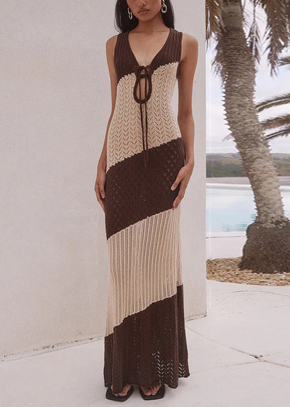 Striped Lace Up Cut Out Patchwork Knit Swimsuit Cover Up Beach Dress