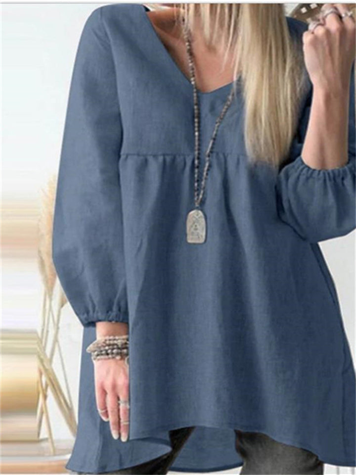 Color V-neck Large Size Cotton Linen Irregular Dresses