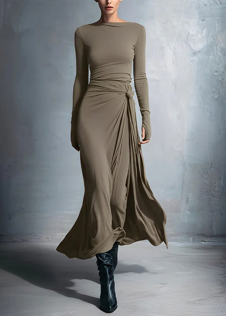 Fitted Grey Slash Neck Patchwork Cotton Long Dress Fall