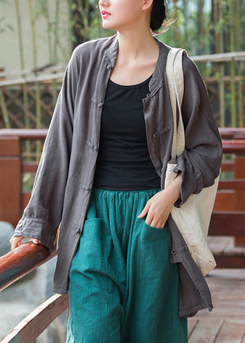 Grey Pockets Linen Coats Stand Collar Fall