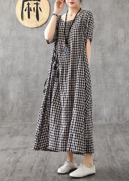 Red Plaid Linen Dresses Summer Long Cotton Dress Maxi Gown