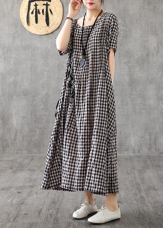 Red Plaid Linen Dresses Summer Long Cotton Dress Maxi Gown